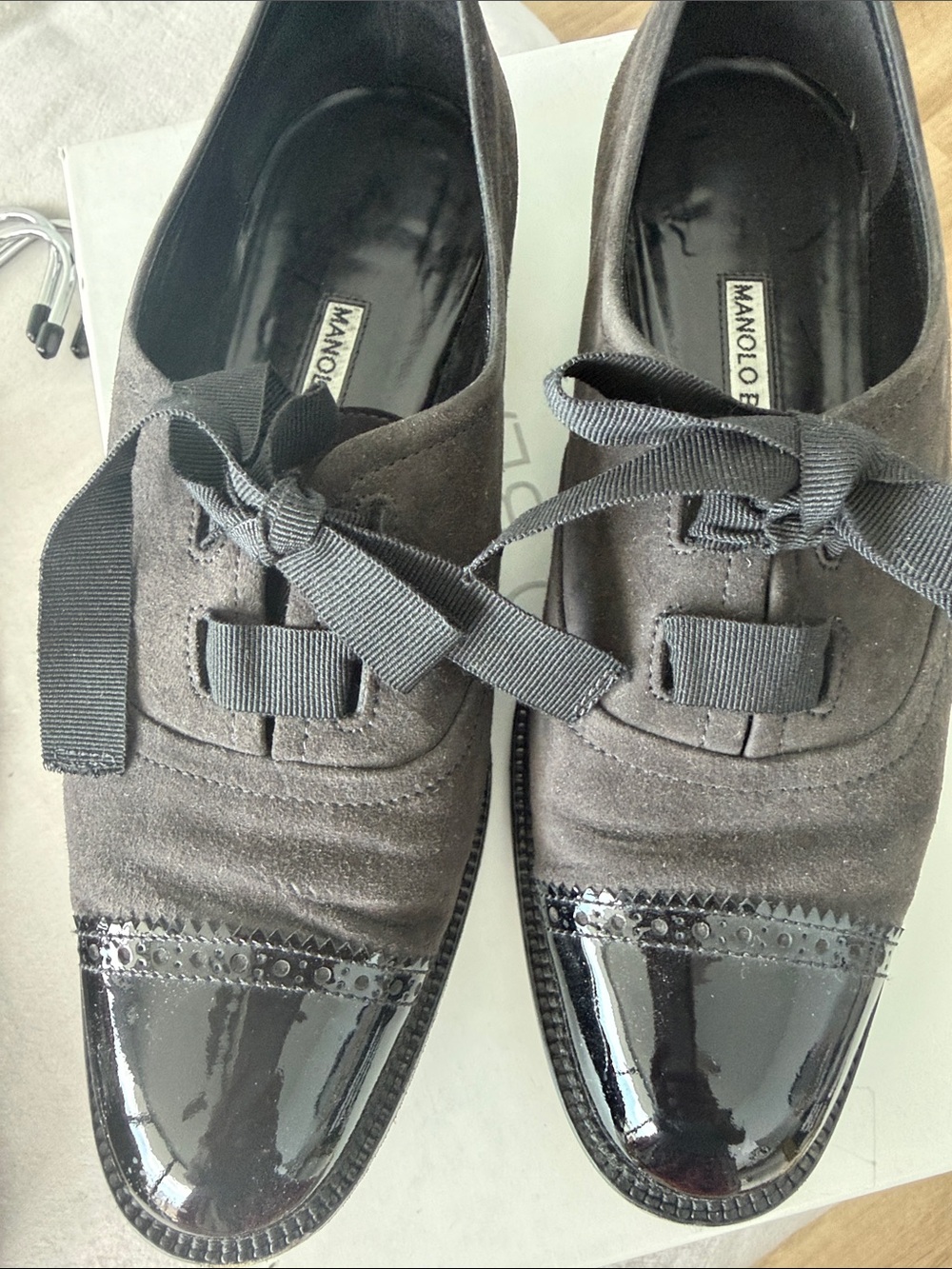 Manolo Blahnik Black Suede and Patent Cap-Toe Derby Shoes